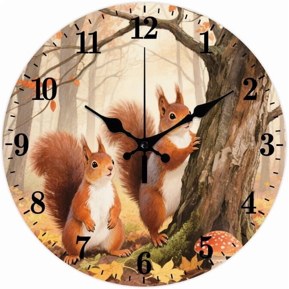 Squirrel Wall Clock 12 Inch Forest Leaves Clock Battery Operated Silent Non Ticking Mushrooms Round Decorative Clocks