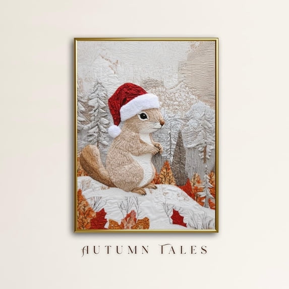 Squirrel Wearing Santa Hat Wall Art Print, Quilted Texture Snowy Forest ...