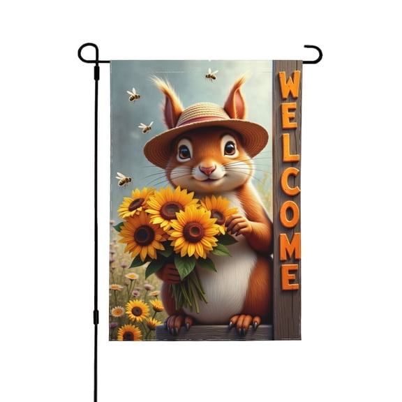 Squirrel Welcome Garden Flag 12x18 Inch Double Sided – Sunflower & Bee Spring Summer Outdoor Yard Decoration For Porch, Lawn & Patio