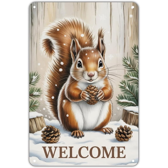 Squirrel Welcome Welcome Squirrel with Pine Cone tin sign Vintage Woodland Animal Metal Sign Print Aesthetic for Garden Yard Bar Porch Home Bedroom Kitchen Wall Decor Decor Gift 8 x 12 inch