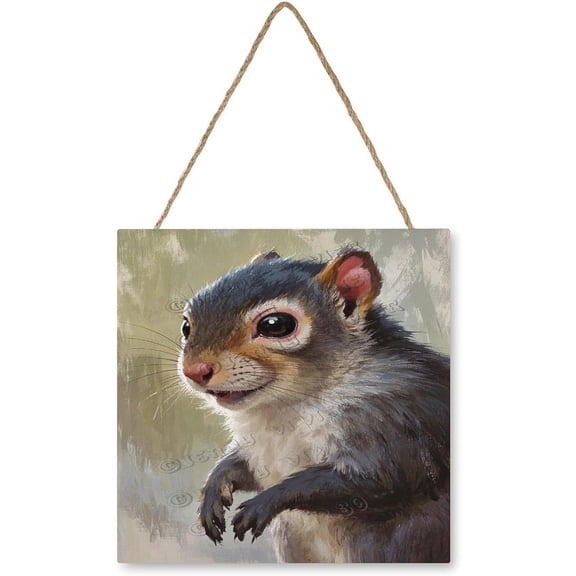 Squirrel Wood Sign with Hanging String, 12x12 Inch,Animal Wall Decor for Nursery Kids Room Bedroom Kitchen Porch