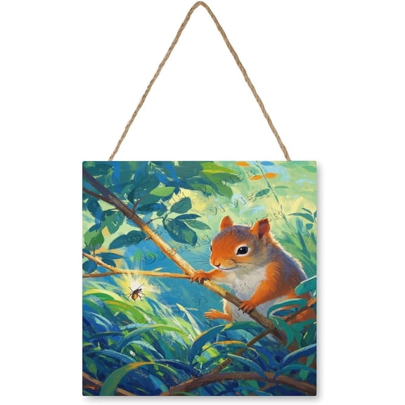 Squirrel Wooden Hanging Welcome Sign Funny Animal 12" x 12" Square Farmhouse Indoor Dcor Rustic Sign for Porch or Front Door