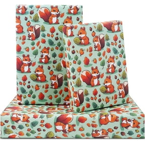 Squirrel Wrapping Paper for Boys Kids Girls, Cute Squirrel Picking Acorn Autumn Green Leaves Woodland Gift Wrap Paper 6 Sheets Folded Flat 20x28 inches per Sheet for Birthday Party Baby Shower