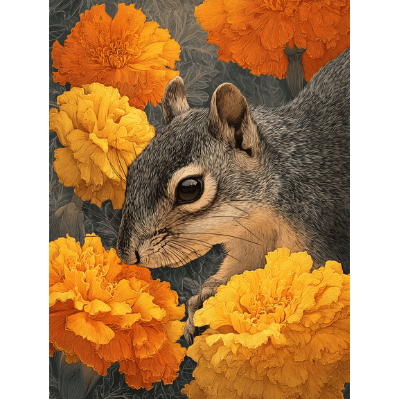 Squirrel and Marigold Floral Canvas Wall Art, Animal Flower Print for Living Room, Bedroom, Office and Dining Room Decor