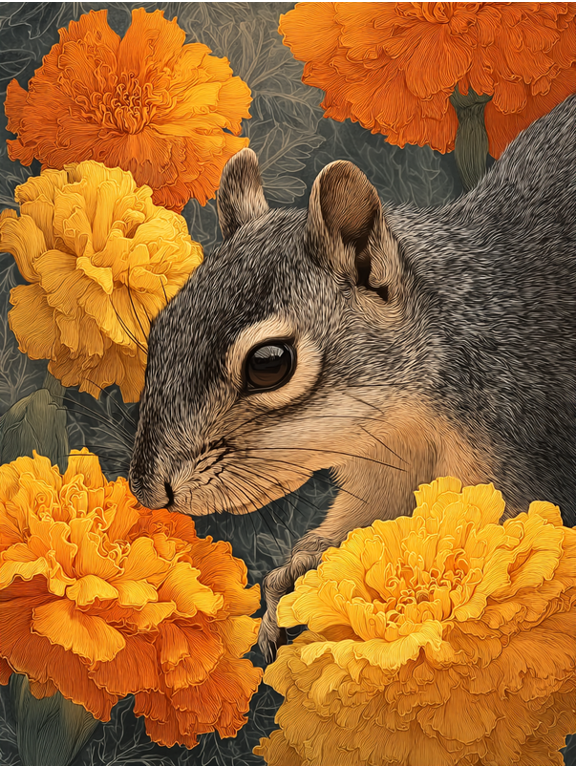 Squirrel and Marigold Floral Canvas Wall Art, Animal Flower Print for Living Room, Bedroom, Office and Dining Room Decor