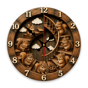 Squirrel carrying nuts pattern Design 10 inch Round Wooden Wall Clock, Silent, Perfect for Living Room, Farmhouse, Hallway, Home Decor, Halloween, Independence Day, Wooden Frame Battery Power