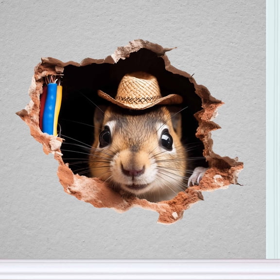 Squirrel in Mousehole, Cracked Wall, Decal Sticker, Removable Wall Decor, Skirting Board, Baseboard, Wall Sticker, Kids, Pets, Wall Art