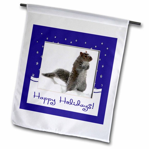 3dRose, Squirrel in the Snow, Happy Holidays, Blue Frame with Snowflake, 18 x 27 inch Garden Flag