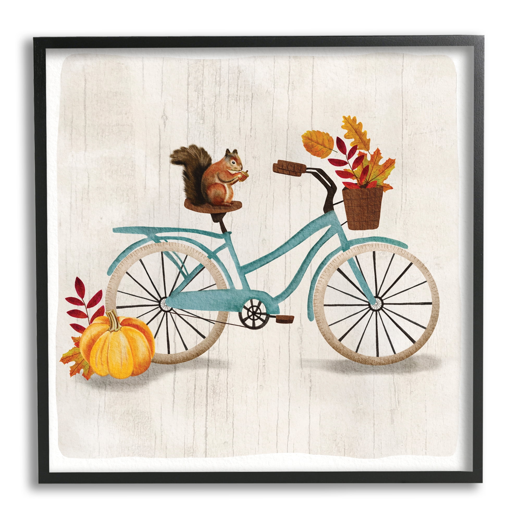 Squirrel on Blue Bicycle Autumn Foliage Basket Animals & Insects Framed Art Print Wall Art, 17x17