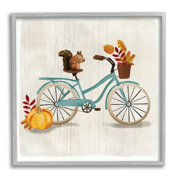 Squirrel on Blue Bicycle Autumn Foliage Basket Animals & Insects Framed Art Print Wall Art, 17x17