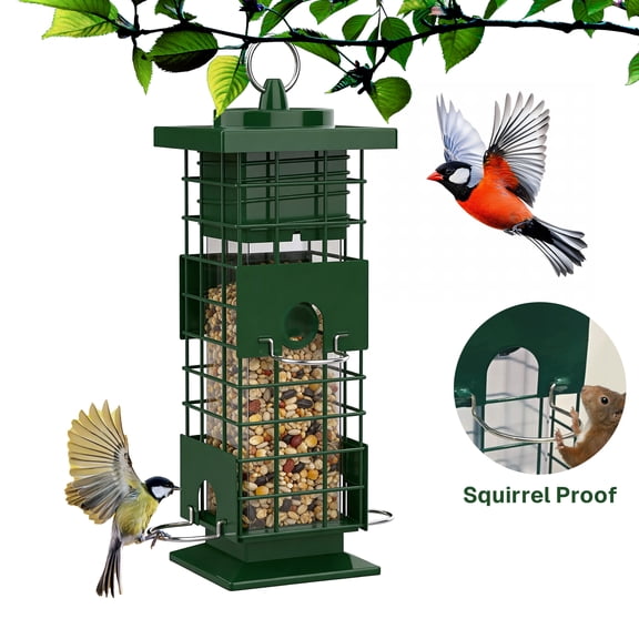 BN-LINK Squirrel Proof Bird Feeder, Metal Bird Feeder with 4 Ports, Chewing Proof& Rust-Resistant, 3 lb Capacity, Outdoor Hanging Birdfeeder for Wild birds,Green