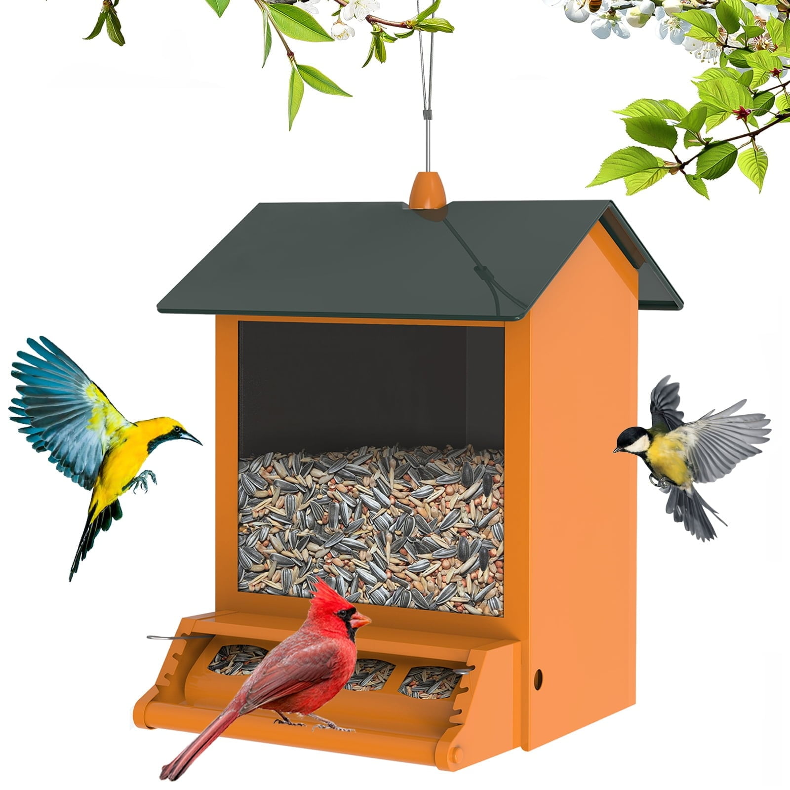 Orange Metal Squirrel Resistant Hanging Bird Feeder
