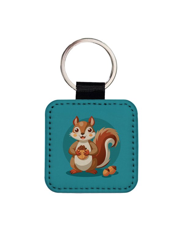 Squirrel with Nuts Smiling Faux Leather Square Keychain