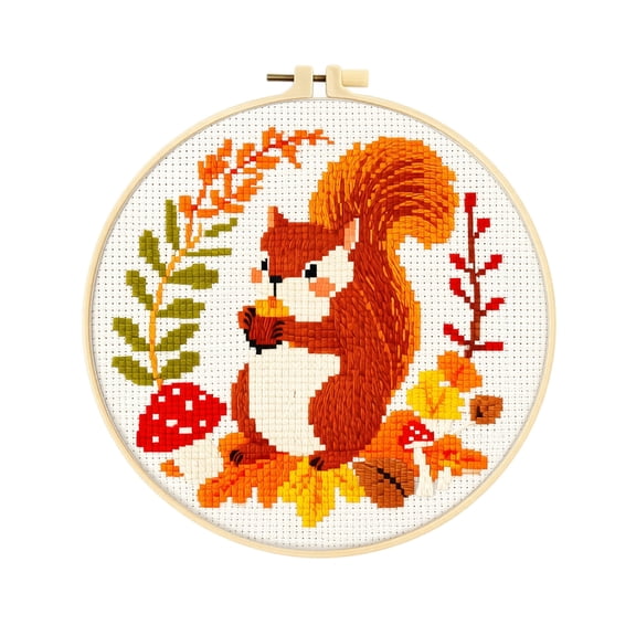 Squirrel with Pinecone Embroidery Kit for Beginners, Cute Woodland Animal DIY Fabric Set with 20cm Hoop, Wall Decor Craft Gift