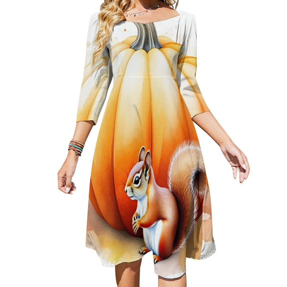 Squirrel with Pumpkin Women's Fall Dresses Casual Loose Flowy Swing Shift Dress