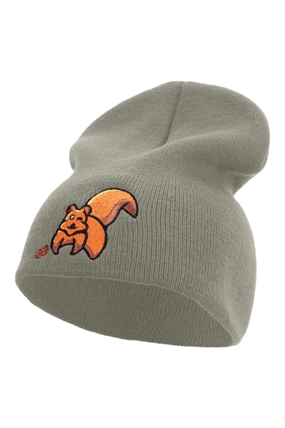 Squirrel with nuts Embroidered 8 inch Acrylic Short Beanie - Grey OSFM