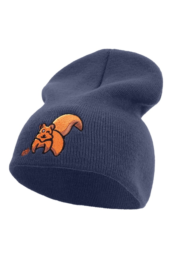Squirrel with nuts Embroidered 8 inch Acrylic Short Beanie - Navy OSFM