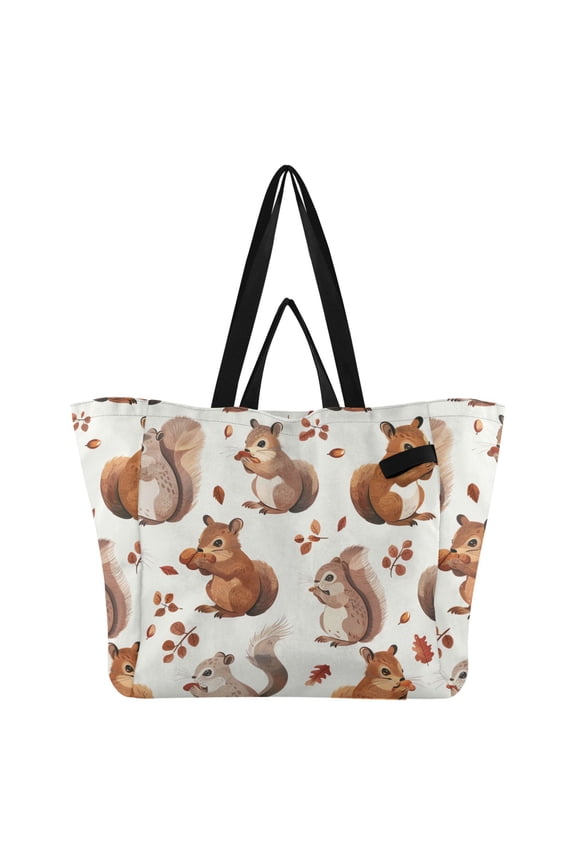 Squirrels Eating Nuts Leaves Foldable Canvas Tote Bags Reusable Grocery Bags Laundry Bags Beach Bag 32L