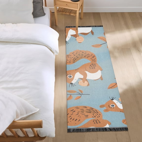 Squirrels Holding Nuts Leaves Bedside Runner Rug 2'x 6' Non Slip Carpet Floor Mat Area Rug
