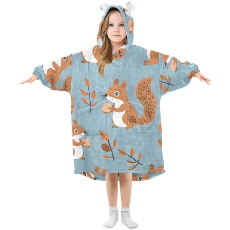 Squirrels Holding Nuts Leaves Flannel Wearable Blankets Hooded Design Long Sleeves Wrap Unisex for 3T-14Y S