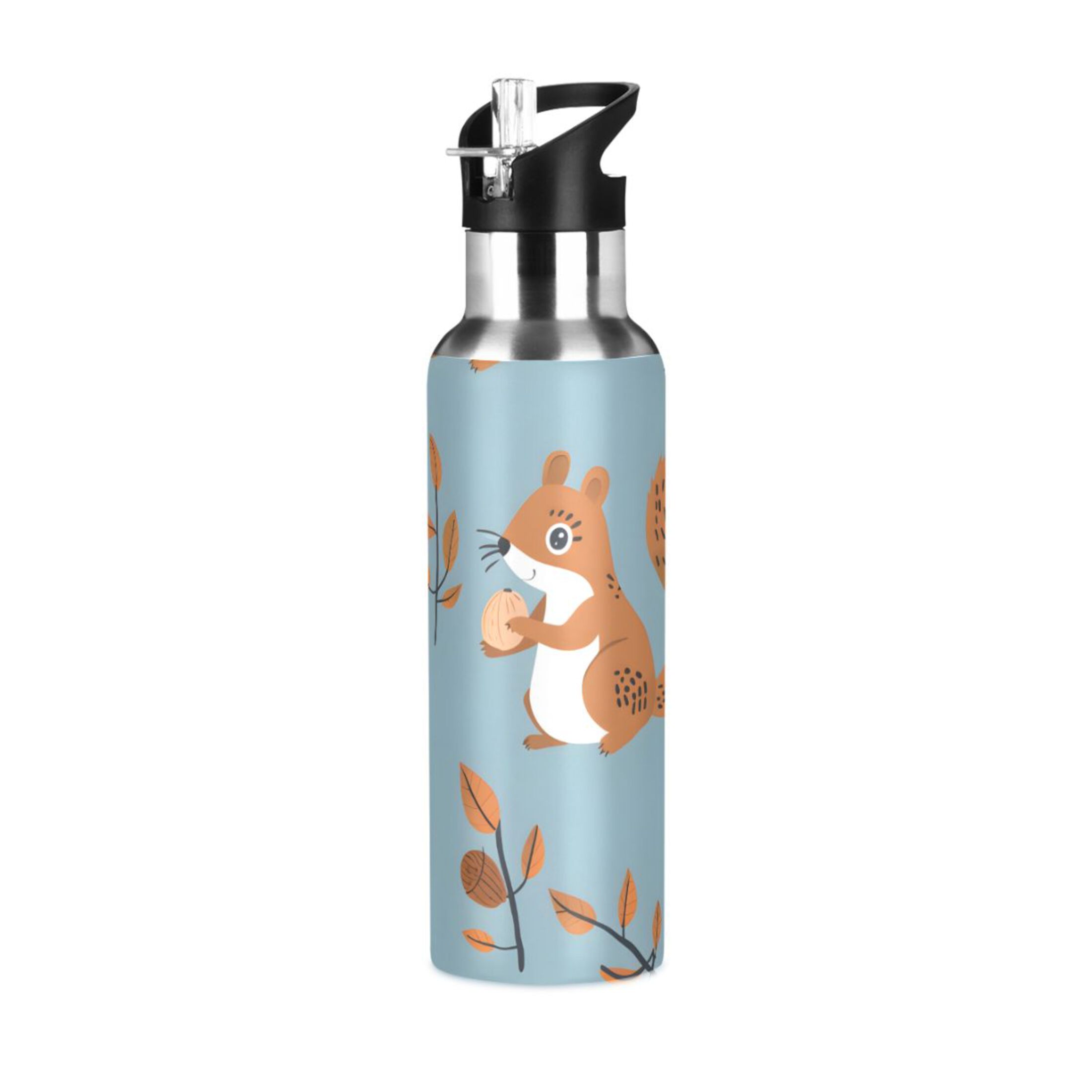 Squirrels Holding Nuts Leaves Sports Bottle with Straw Double Wall