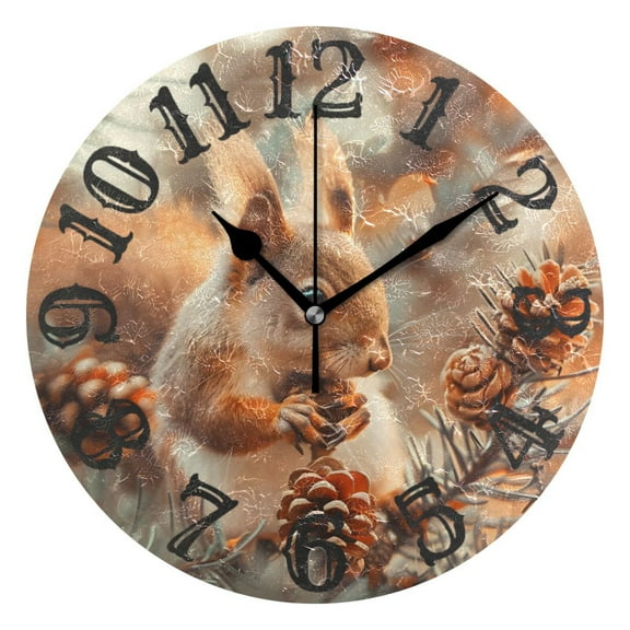 Squirrels Pine Cones 10 inch Wall Clocks Non Ticking Easy to Read Battery Decorative for Home Bathroom Kitchen Bedroom Living Room