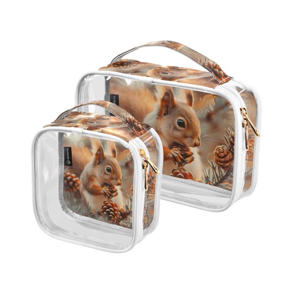 Squirrels Pine Cones Clear Cosmetic Bags with Handles PVC Toiletry Bags Zipper Waterproof Portable for Traveling 2 Pcs