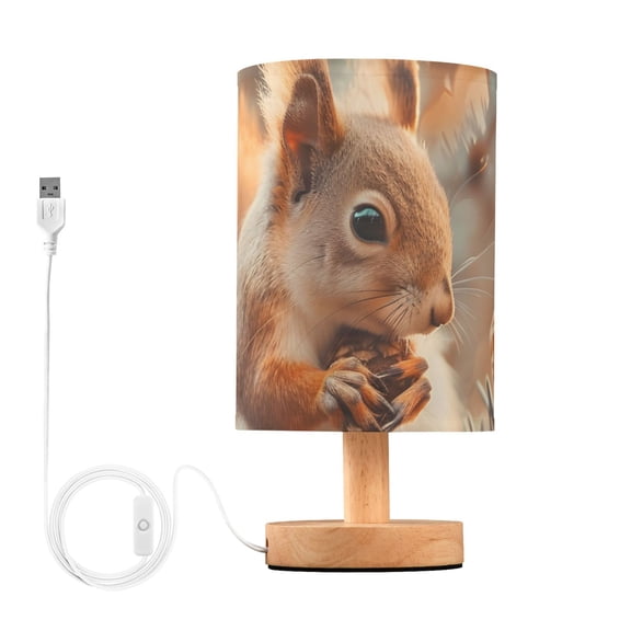 Squirrels Pine Cones Table Lamp USB Bedside Desk Nightstand Lamp Printed Gifts Small Lamp Wood Base for Bedroom Living Room Kids Room College Dorm
