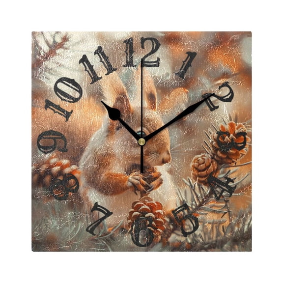 Squirrels Pine Cones Wall Clock Square Silent Non Ticking Battery Operated Clock for Home Bathroom Kitchen Bedroom Living Room