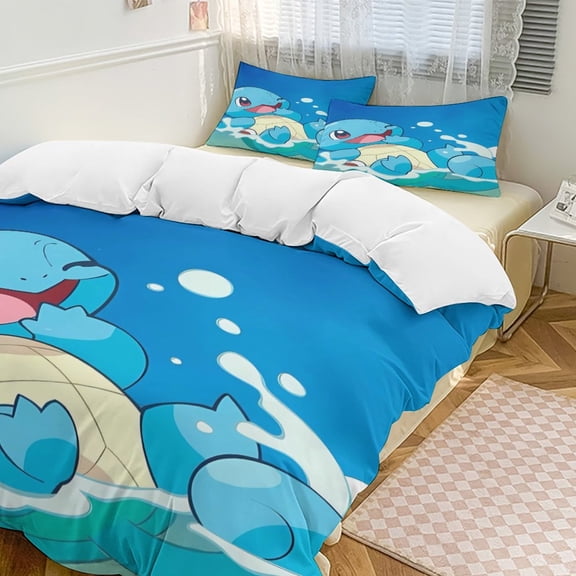 Squirtle 3-Piece Bedding Set (1 Duvet Cover + 2 Pillow Shams) Soft And Skin-friendly Breathable And Dry Bedding for A Comfortable Night's Sleep Full Size (79"x90")
