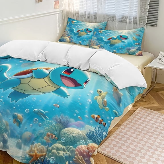 Cartoon Turtle 3-Piece Bedding Set (1 Duvet Cover + 2 Pillow Shams) Soft And Skin-friendly Breathable And Dry Bedding for A Comfortable Night's Sleep Full Size (79"x90")