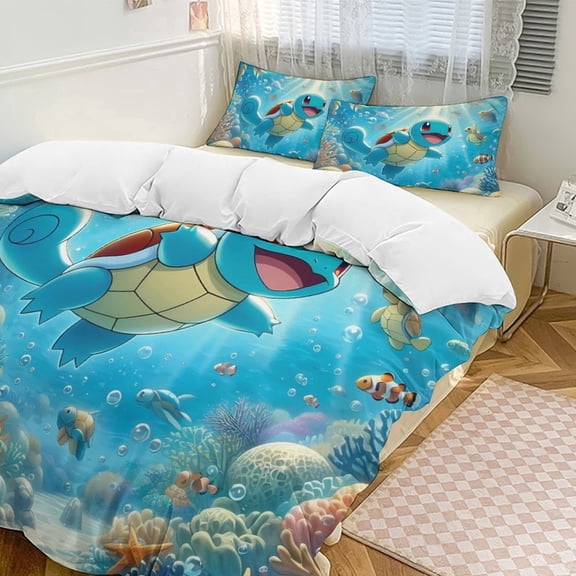 Squirtle 3-Piece Bedding Set (1 Duvet Cover + 2 Pillow Shams) Soft And Skin-friendly Breathable And Dry Bedding for A Comfortable Night's Sleep Twin Size (86"x70")