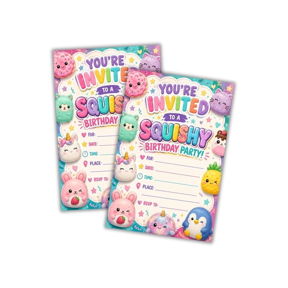 Squish Mellow Birthday Party Invitation 30pk 4x6 Postcard Unique Theme Stuffed Animal Lovers Favors Paper Adoption Certificate