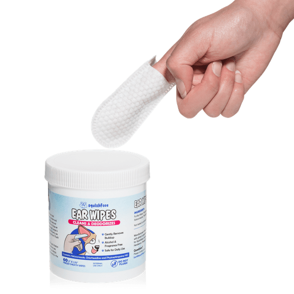 Squishface Dog Ear Relief Individual Finger Sheath Wipes  60ct., Non-Allergenic Ingredients & Irritation-Reducing Formula Cleans & Deodorizes, Helps Prevent Ear Itch & Odor  Great for All Breeds!