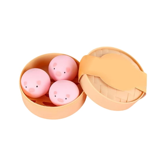 Squishies Fidget Play Sets, Mini Fidget Play Sets, Slow Rising Squishies, 3X2 in Pink Pig Dumplings, Bamboo Steamer Set, 4 Pc, Anxiety Relief, Office Desktop Decor