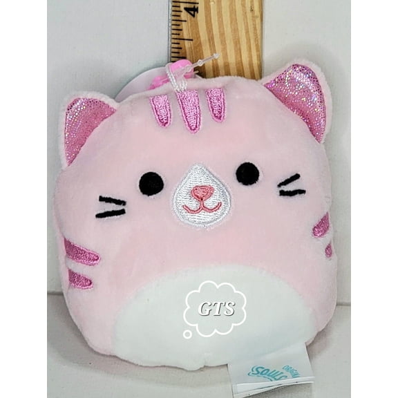 Squishmallow 3.5" Laura Cat Soft Pink Foil Tabby Kitty Clip Plush