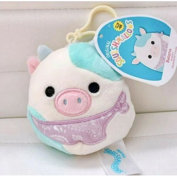 Squishmallows Official Kellytoy Easter Squad Squishy Soft Plush Toy Animal (3.5 Inch Clip, Belana Cow (Purple Bandana))