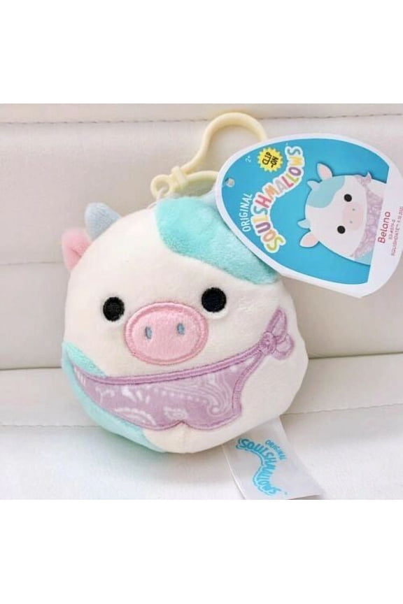 Official Kellytoy Easter Squad Squishy Soft Plush Toy Animal (3.5 Inch Clip, Belana Cow (Purple Bandana))
