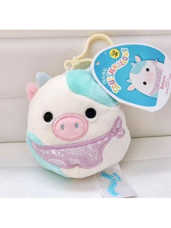 Official Kellytoy Easter Squad Squishy Soft Plush Toy Animal (3.5 Inch Clip, Belana Cow (Purple Bandana))