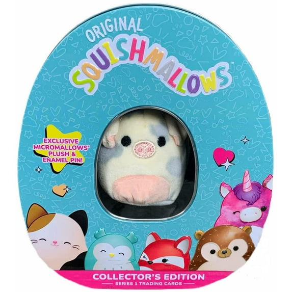 Squishmallows Official Kellytoy Collector's Tin Set with Micromallow Exclusive Pin and Trading Cads Choose Your Favorite or Collect Them All (Rosie The Pig)