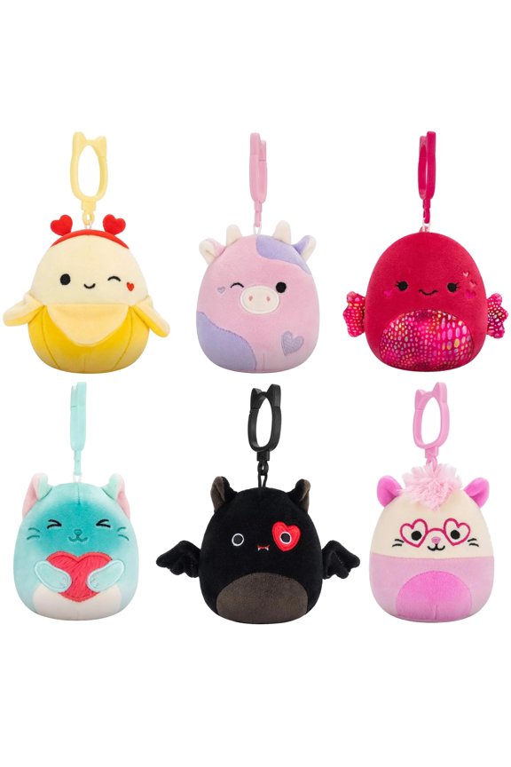 Squishmallow Valentine Clips 3.5" Set of 6 Banana Bat Cat Stuffed Animal Clips