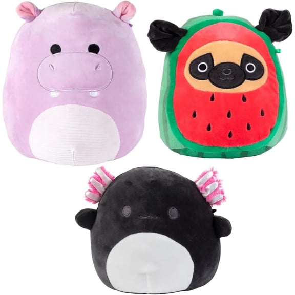 Squishmallows 8" Pug, Axolotl & 10" Hippo 3-Squish Value Pack - Get ONE Jumbo & Two Small Official Jazwares Plush for Less - Collectible Soft Squishy Stuffed Animal Toy Gift Set for Kids, Girls Boys