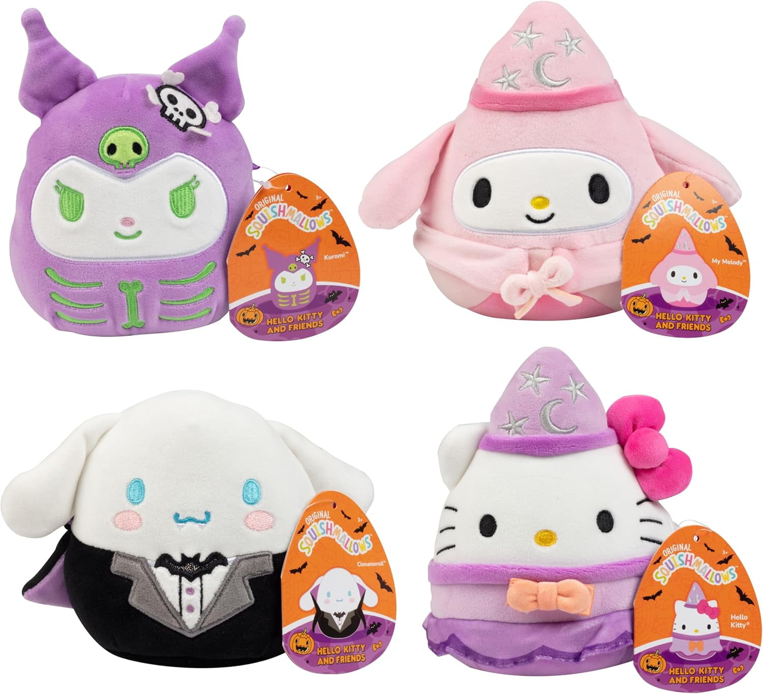Squishmallows 5" Hello Kitty & Friends Halloween 4-Pack Plush - includes Hello Kitty, Kuromi, My Melody & Cinnamoroll - Collectible Saniro Stuffed Animals Toy - Gift for Kids Boys Girls