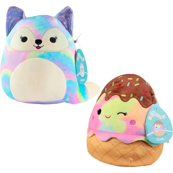 Squishmallows 8-Inch Rainbow Ice Cream & Fox 2-Squish Value Pack - Get Two Official Jazwares 8" Plush for Less - Collectible Soft & Squishy Stuffed Animal Toy - Gift for Kids, Girls & Boys