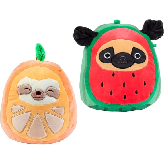 Squishmallows 8" Watermelon Pug & Orange Sloth 2-Pack Plush - Official Jazwares- Collectible Soft & Squishy Fruit Puppy Sloth Stuffed Animal Toy - Gift for Kids, Girls & Boys