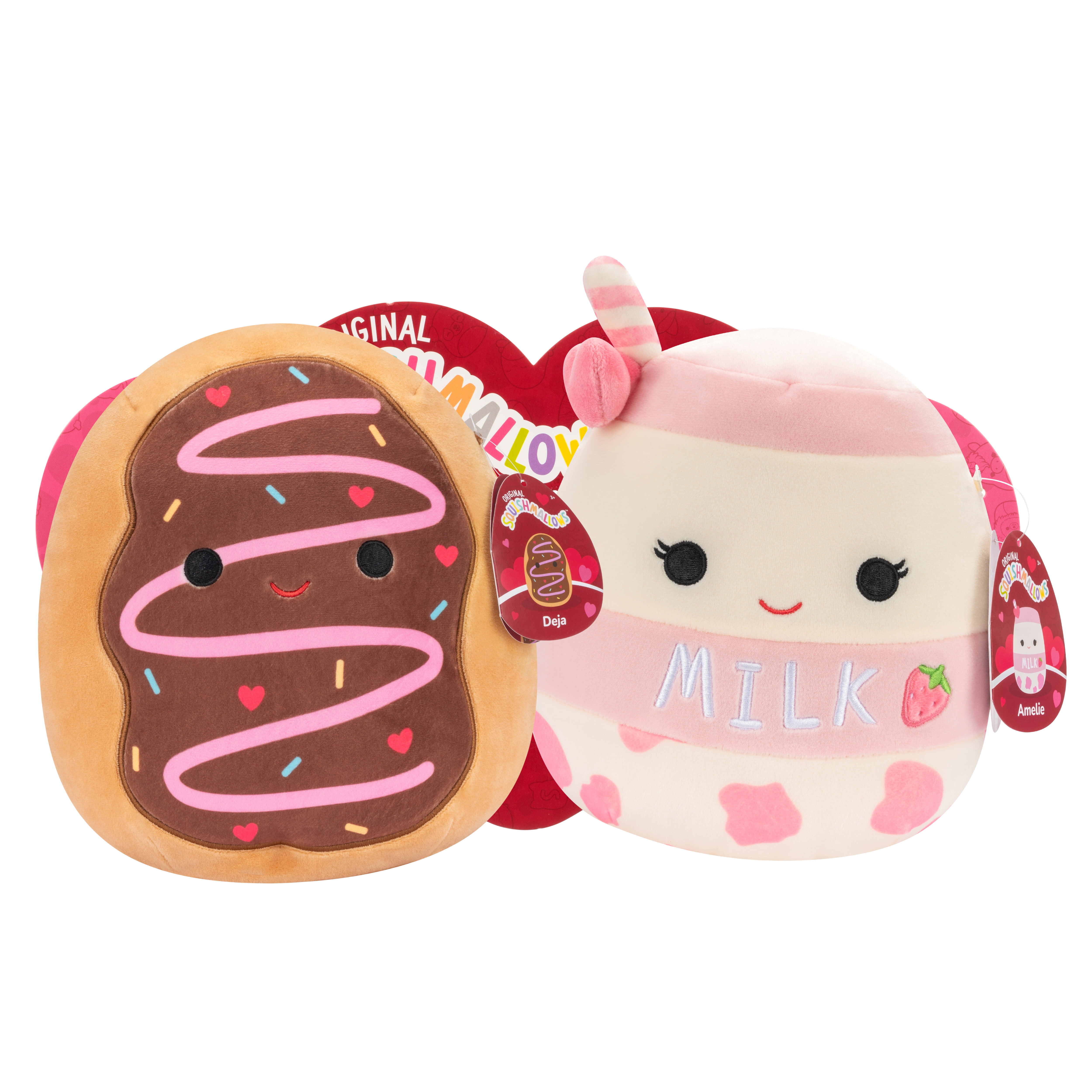 Squishmallows 8 inch Amelie the Strawberry Milk + 8 inch Deja the Donut Valentines Plush 2-Pack