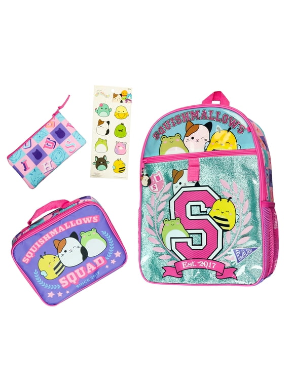 Squishmallows Backpack 16" Squad 5 Piece Set Bookbag with Detachable Insulated Lunch Box