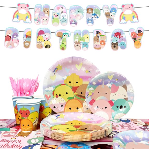 Squishmallows Birthday Decorations, Squishmallows Party Tableware Set - Squishmallows Themed Party Plate Cups Napkins Tablecloth Etc Squishmallows Birthday Party Supplies for Kids, Serves 16