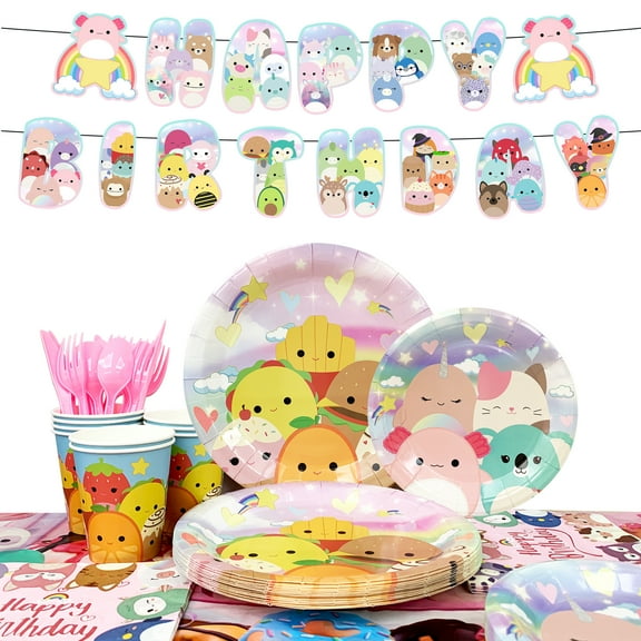 Squishmallows Birthday Decorations, Squishmallows Party Tableware Set - Squishmallows Themed Party Plate Cups Napkins Tablecloth Etc Squishmallows Birthday Party Supplies for Kids, Serves 16