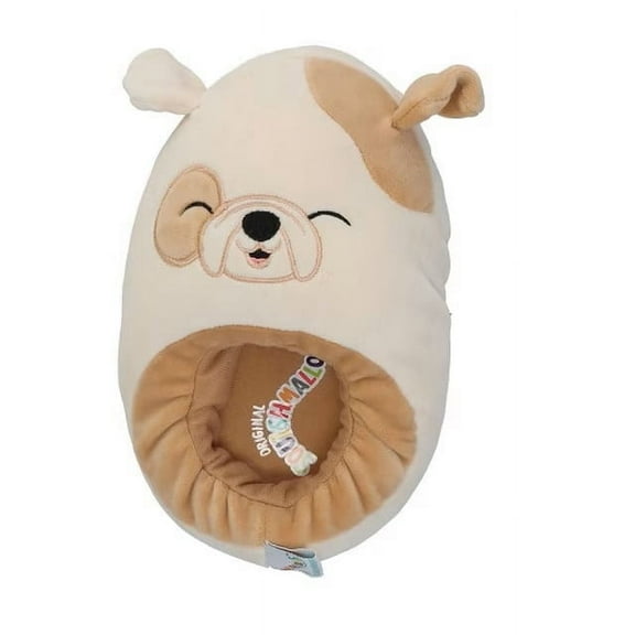 Squishmallows Brock the Bulldog Plush Step-In Slippers for Kids, Tan, Size 2/3, Dog Design